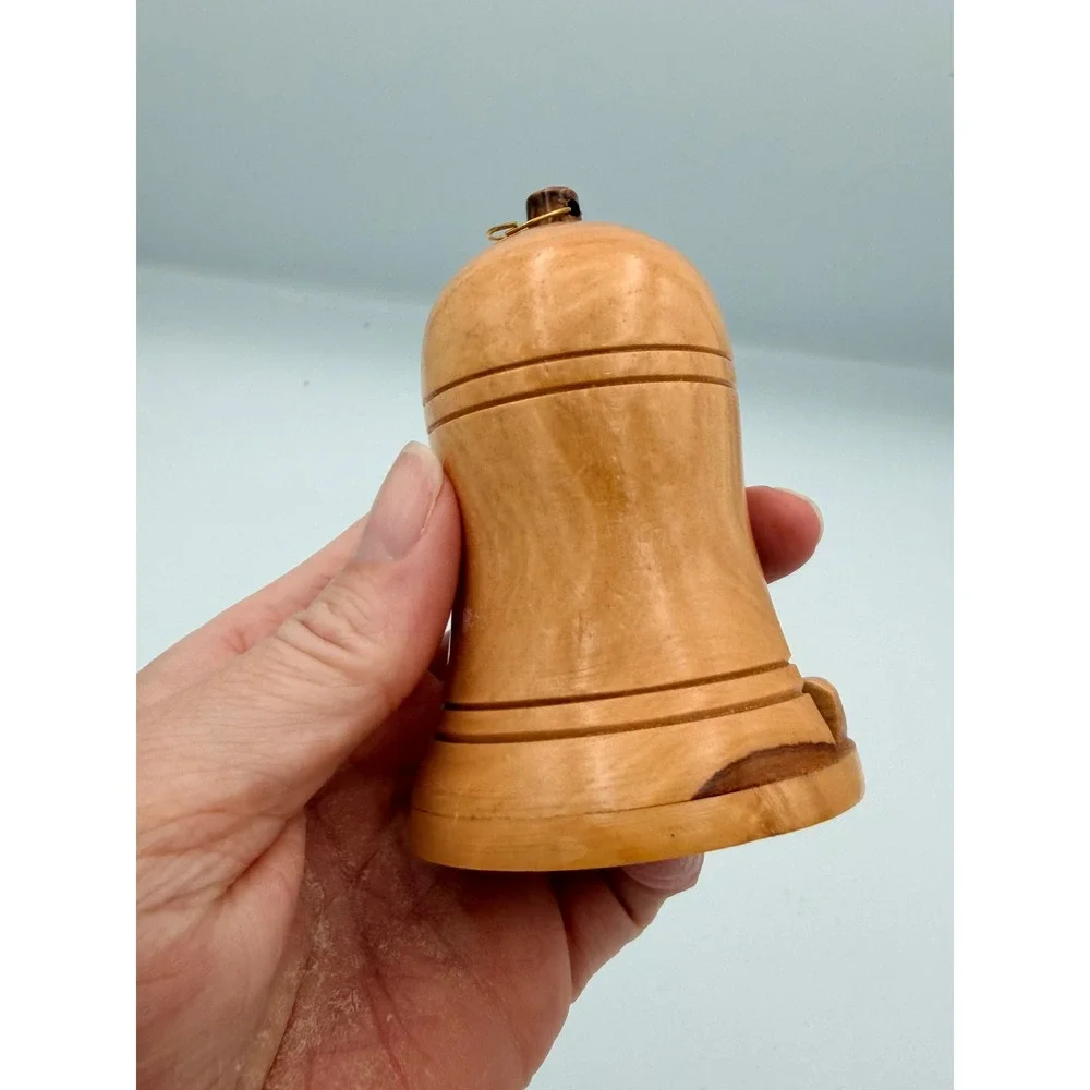 Hand Carved Olive Wood Nativity Scene Bell Ornament Rustic Christmas Decor